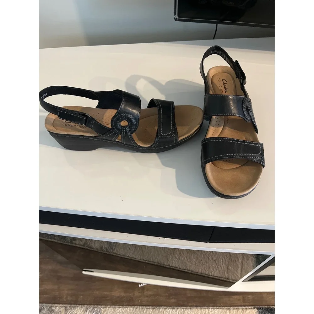 Clarks Collection Black Leather Wedge Sandals Strappy Comfort 7.5 M Arla‎ Glison